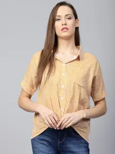 Athena Mustard Yellow & Off-White Striped Shirt Style Pure Cotton Top