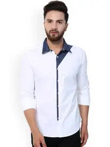 Purple State Men White & Navy Blue Slim Fit Solid Casual Shirt