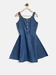 StyleStone Girls Blue Solid Denim Fit & Flare Dress