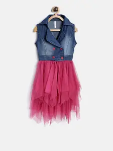StyleStone Girls Blue & Pink Colourblocked Fit & Flare Dress