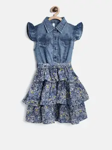 StyleStone Girls Blue Floral Print Denim Fit & Flare Dress