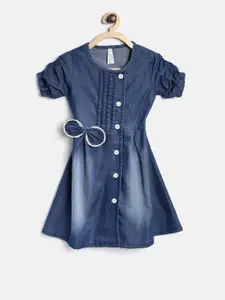 StyleStone Girls Navy Blue Washed Denim A-Line Dress