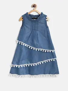 StyleStone Girls Blue Solid Denim Layered A-Line Dress
