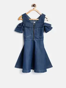 StyleStone Girls Navy Blue Solid Denim Fit & Flare Dress