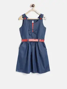 StyleStone Girls Navy Blue Solid Denim Fit & Flare Dress