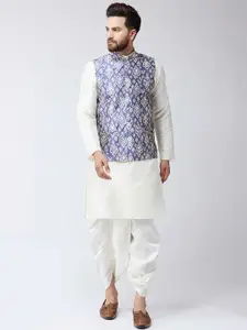 SOJANYA Men White & Blue Printed Kurta with Dhoti Pants