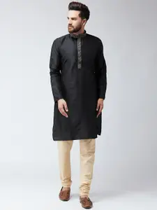 SOJANYA Men Black & Beige Self Design Kurta with Churidar