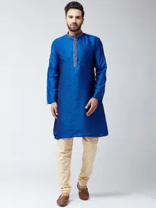 SOJANYA Men Blue & Beige Self Design Kurta with Churidar