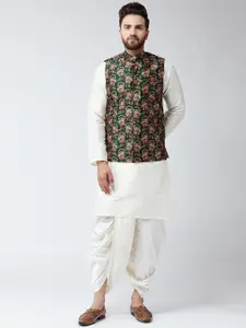 SOJANYA Men White & Green Printed Kurta with Dhoti Pants