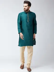 SOJANYA Men Teal & Cream-Coloured Self Design Kurta with Churidar