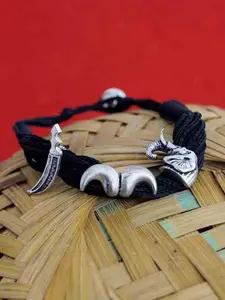 Dare by Voylla Men Silver-Toned & Black Fabric Rhodium-Plated Antique Charm Bracelet