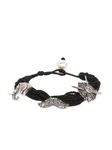 Dare by Voylla Men Silver-Toned & Black Fabric Rhodium-Plated Antique Charm Bracelet