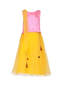Stylo Bug Girls Yellow & Pink Embroidered Ready to Wear Lehenga & Blouse with Dupatta