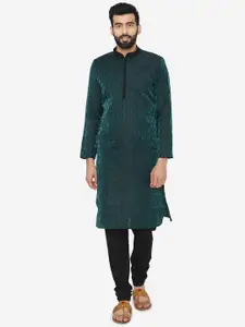 Manyavar Men Green & Black Self Design Kurta with Churidar