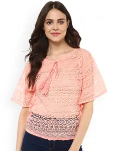 Mayra Women Peach-Coloured Self Design Sheer Top