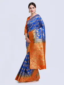 Saree mall Blue & Orange Silk Blend Woven Design Kanjeevaram Saree