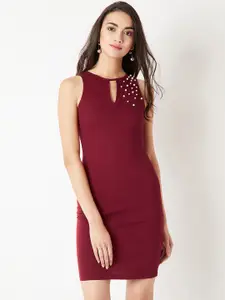 Miss Chase Women Maroon Embellished Bodycon Dress