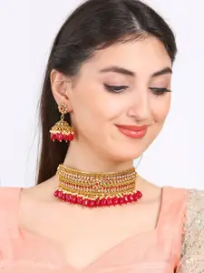 Rubans Women Gold-Plated & Red Temple Kundan Necklace Set