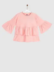 YK Girls Peach-Coloured Self Design Blouson Top