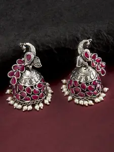 Rubans Oxidised Silver-Toned & Red Handcrafted Dome-Shaped Jhumkas