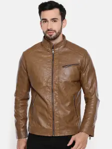 The Indian Garage Co Men Brown Solid Lightweight Faux Biker Jacket