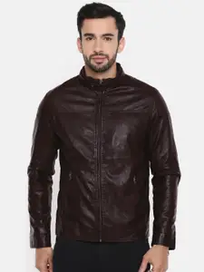 The Indian Garage Co Men Coffee Brown Solid Leather Jacket