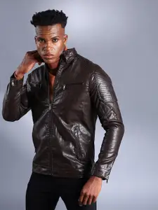 The Indian Garage Co Men Brown Solid Faux Biker Jacket