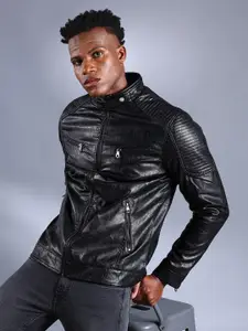 The Indian Garage Co Men Black Solid Faux Biker Jacket