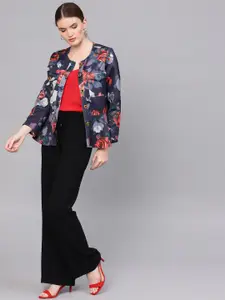 Zima Leto Women Navy Blue & Red Single-Breasted Printed Casual Blazer