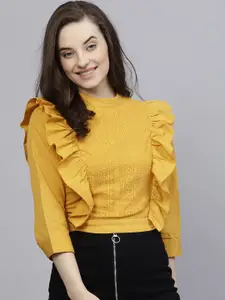 STREET 9 Mustard Yellow Self-Design Pure Cotton Top with Ruffle Detail