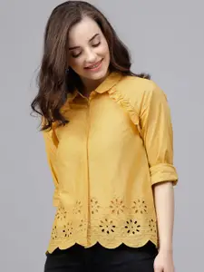 STREET 9 Women Mustard Yellow Regular Fit Schiffli Embroidery Casual Shirt