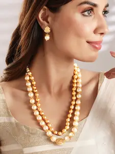 Rubans 18K Gold Plated Peach Pearl & Gold Beaded Double-Strand Necklace Set