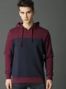 Roadster Men Navy Blue & Maroon Colourblocked Hooded Sweatshirt