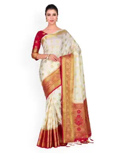 MIMOSA White & Red Woven Design Kanjeevaram Saree