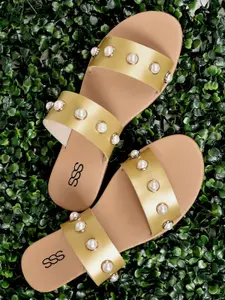 Street Style Store Women Gold-Toned Embellished Open Toe Flats