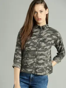 Roadster Women Olive Green Regular Fit Camouflage Print Casual Shirt