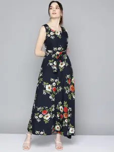 Tokyo Talkies Navy Blue & Red Floral Print Maxi Dress with Belt
