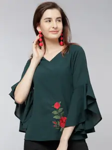 Tokyo Talkies Green Floral Embroidered Top