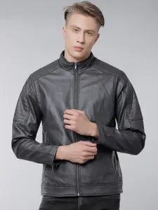 LOCOMOTIVE Men Grey Solid Biker Jacket