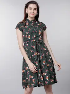 Tokyo Talkies Women Green Printed Fit and Flare Dress