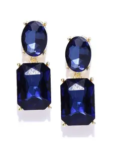 Crunchy Fashion Navy Blue & Gold-Toned Geometric Drop Earrings