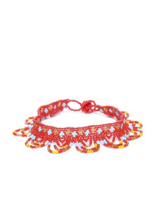 Crunchy Fashion Red & Blue Beaded Handcrafted Anklet