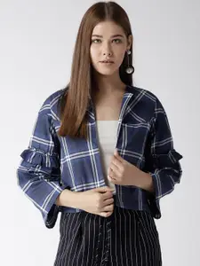 Style Quotient by Noi Navy & White Checked Crop Open Front Shrug