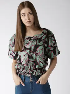 Style Quotient Women Black & Green Printed Crop Blouson Top