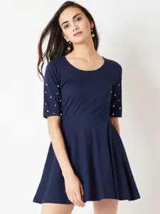 Miss Chase Women Navy Blue Embellished Fit and Flare Dress