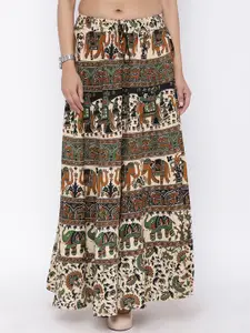 Soundarya Women Beige & Black Bagru Print Flared Maxi Pure Cotton Skirt