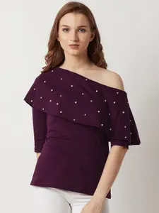 Miss Chase Women Purple Embellished One Shoulder Pure Cotton Top