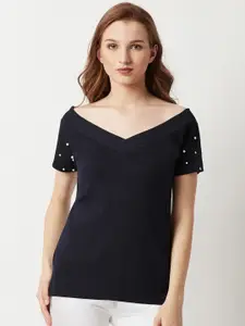 Miss Chase Women Navy Blue Embellished Top