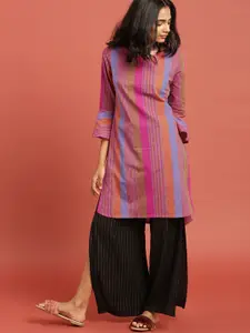 Taavi Women Multicoloured Striped South Cotton Woven Legacy A-Line Sustainable Kurta