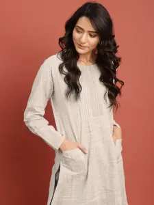 Taavi Women Off-White & Grey Woven Legacy A-Line Sustainable Kurta with Pockets